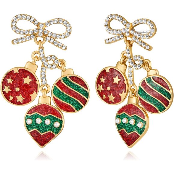 Women Gold Reindeer Earrings Bow Red Layered Tassel Earrings Light Bulb - Picture 1 of 6